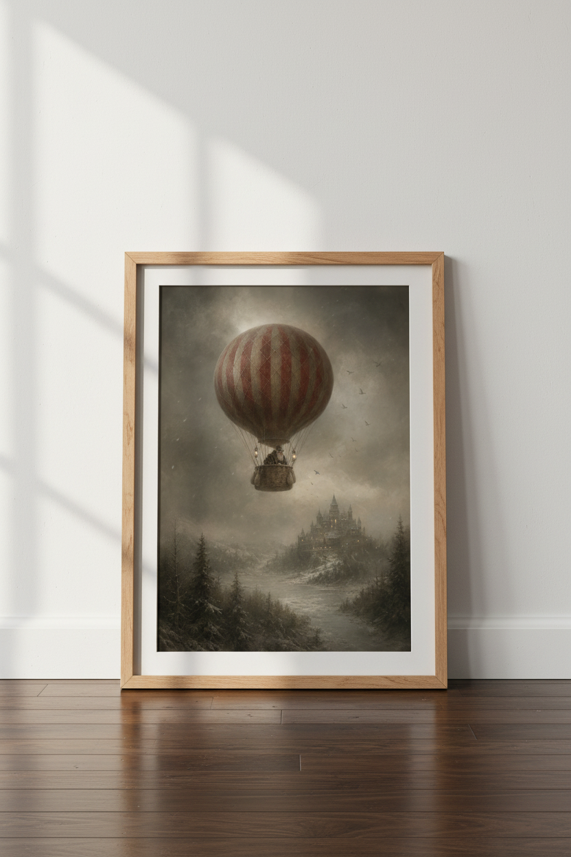 Vintage Hot Air Balloon &amp; Castle Wall Art | Winter Fantasy | Dark Academia Poster