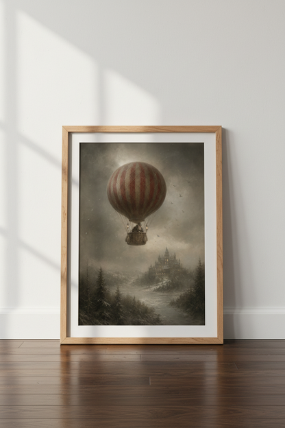 Vintage Hot Air Balloon &amp; Castle Wall Art | Winter Fantasy | Dark Academia Poster