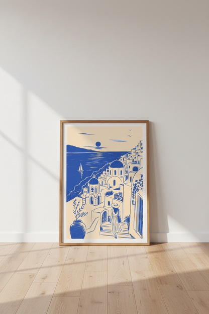 Santorini Greece Wall Art | Blue Minimalist Coastal Poster, Living Room Decor