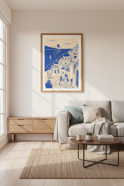 Santorini Greece Wall Art | Blue Minimalist Coastal Poster, Living Room Decor