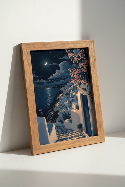Santorini Night Wall Art | Moonlit Greek Island Poster, Coastal Bedroom Decor