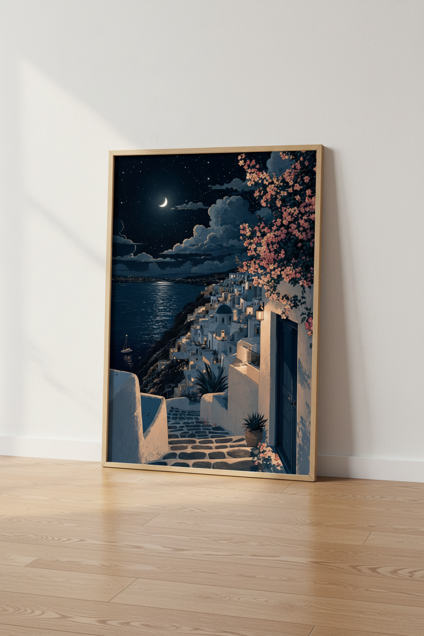 Santorini Night Wall Art | Moonlit Greek Island Poster, Coastal Bedroom Decor