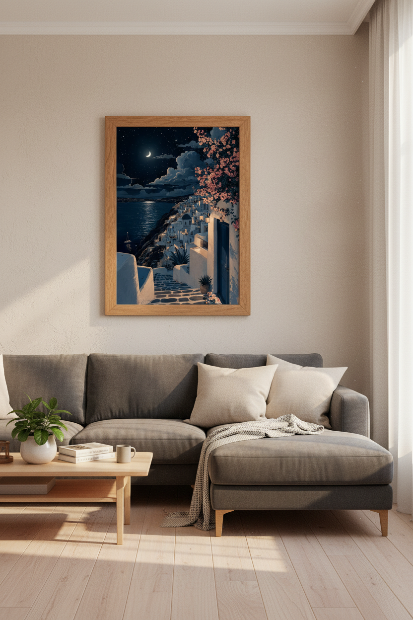Santorini Night Wall Art | Moonlit Greek Island Poster, Coastal Bedroom Decor