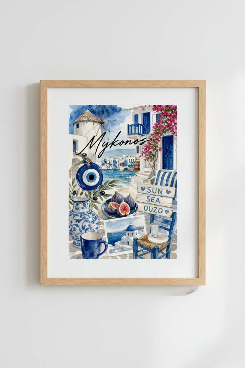 Mykonos Greece Wall Art | Mediterranean Watercolor Poster, Coastal Greek Island Decor