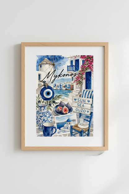 Mykonos Greece Wall Art | Mediterranean Watercolor Poster, Coastal Greek Island Decor