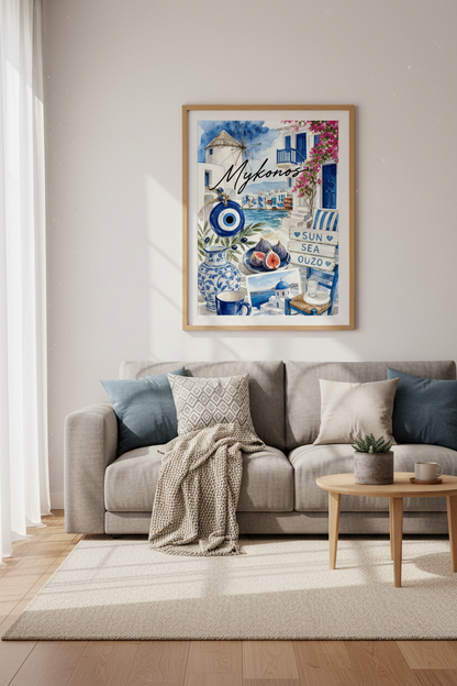 Mykonos Greece Wall Art | Mediterranean Watercolor Poster, Coastal Greek Island Decor