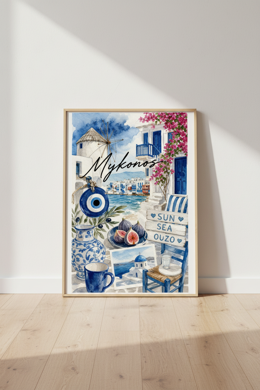 Mykonos Greece Wall Art | Mediterranean Watercolor Poster, Coastal Greek Island Decor