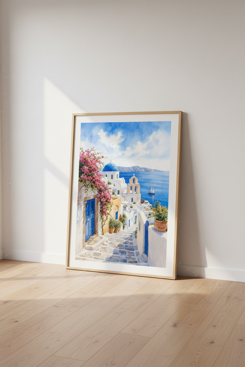 Santorini Greece Watercolor Wall Art | Blue Dome Coast Decor | Mediterranean Print