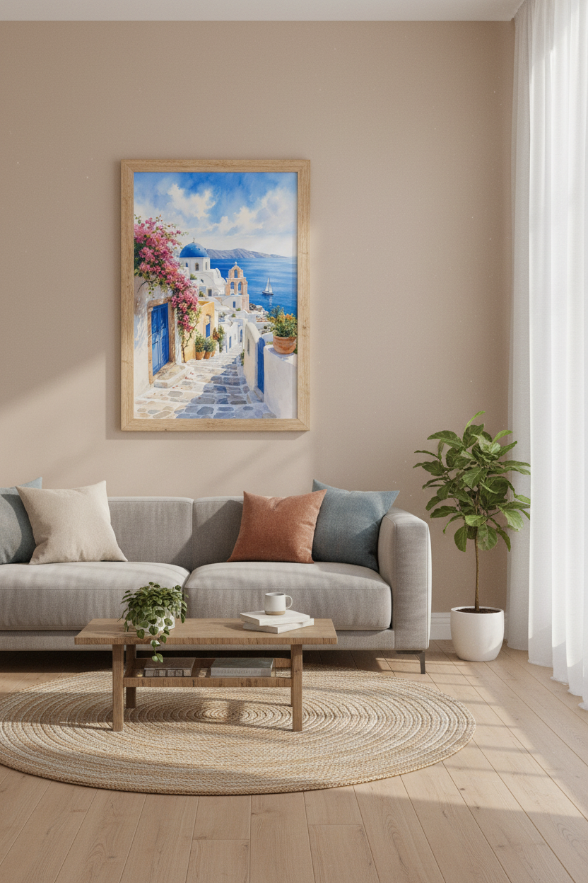 Santorini Greece Watercolor Wall Art | Blue Dome Coast Decor | Mediterranean Print