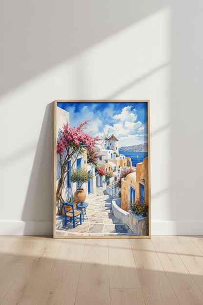 Santorini Greece Watercolor Wall Art | Coastal Village Blue &amp; White | Mediterranean Poster