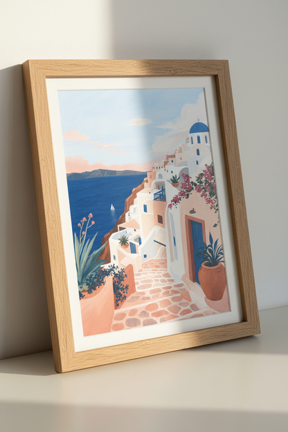 Santorini Greece Wall Art | Mediterranean Blue &amp; Pink Landscape, Coastal Travel Poster