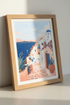Santorini Greece Wall Art | Mediterranean Blue & Pink Landscape, Coastal Travel Poster