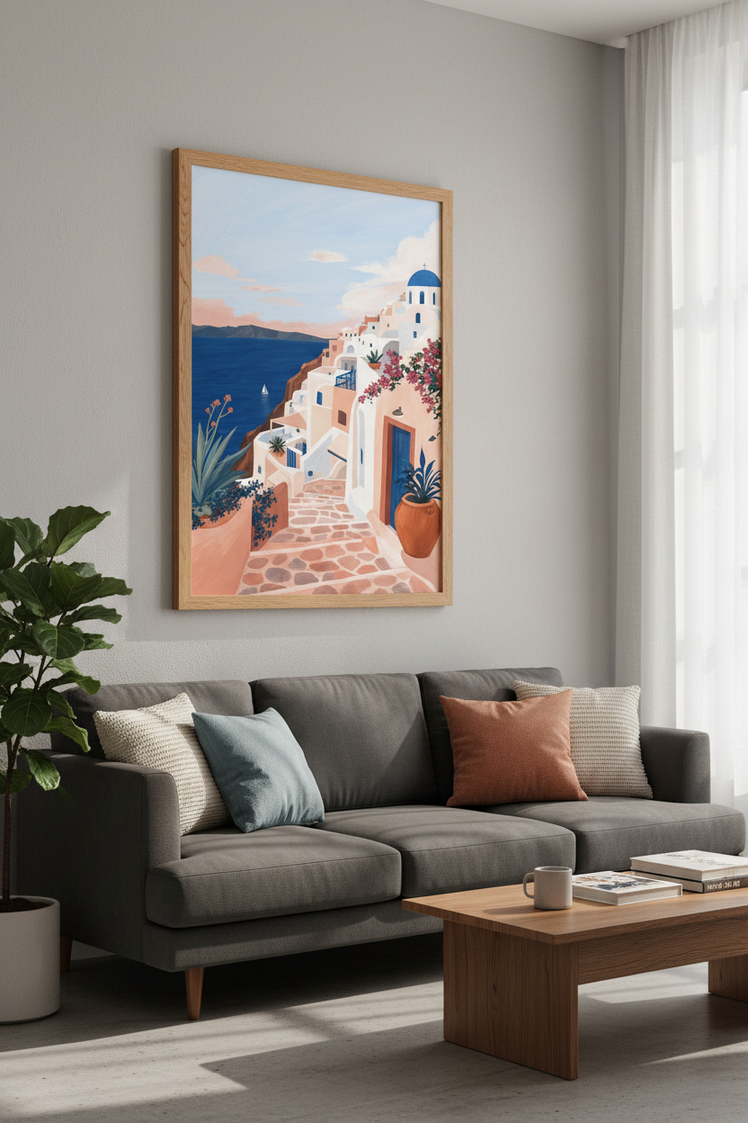 Santorini Greece Wall Art | Mediterranean Blue &amp; Pink Landscape, Coastal Travel Poster