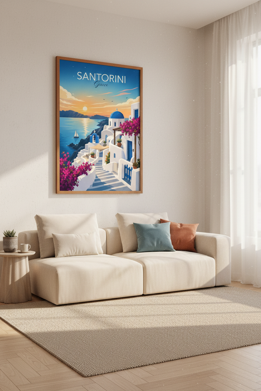 Santorini Greece Travel Poster | Mediterranean Sunset, Coastal Living Room Decor