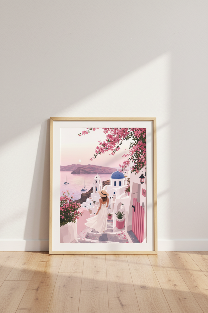 Santorini Greece Wall Art | Pink Bougainvillea &amp; Blue Dome Poster, Coastal Decor