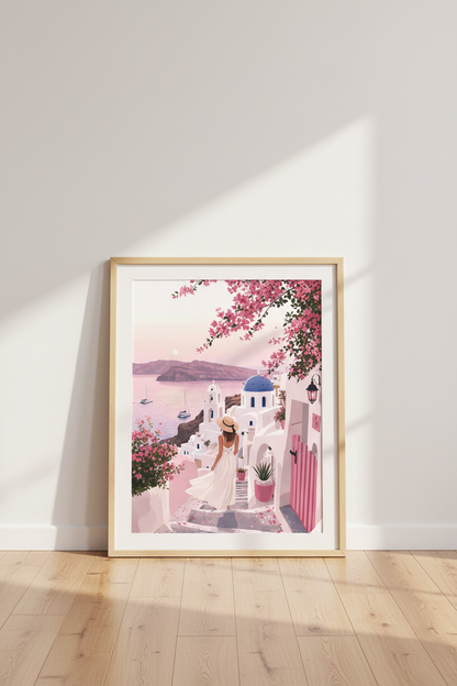 Santorini Greece Wall Art | Pink Bougainvillea &amp; Blue Dome Poster, Coastal Decor