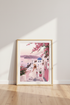 Santorini Greece Wall Art | Pink Bougainvillea & Blue Dome Poster, Coastal Decor