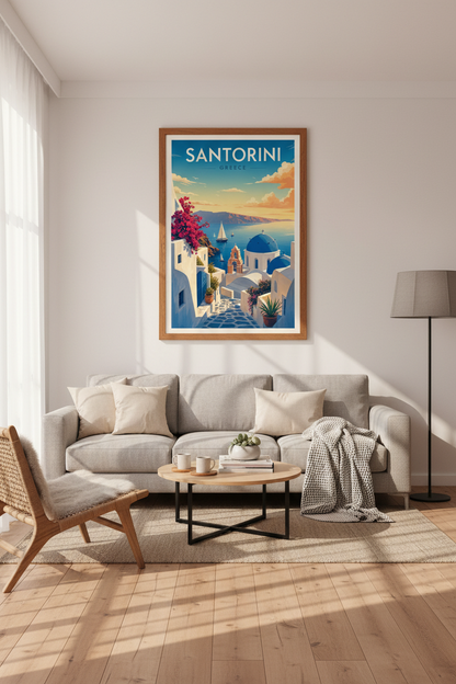 Santorini Greece Travel Poster | Mediterranean Coastal Wall Art, Blue &amp; Gold Room Decor