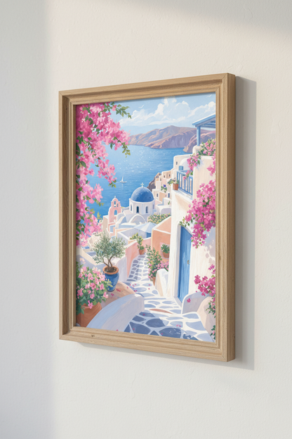 Santorini Greece Wall Art | Blue Dome Coastal Poster, Travel Decor