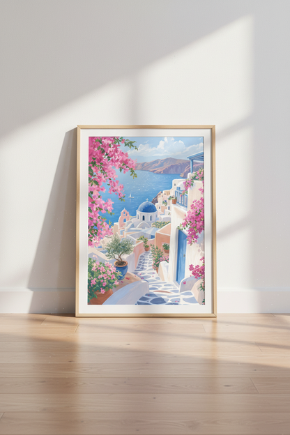 Santorini Greece Wall Art | Blue Dome Coastal Poster, Travel Decor