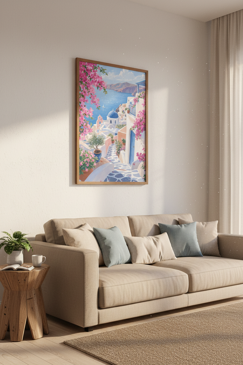 Santorini Greece Wall Art | Blue Dome Coastal Poster, Travel Decor