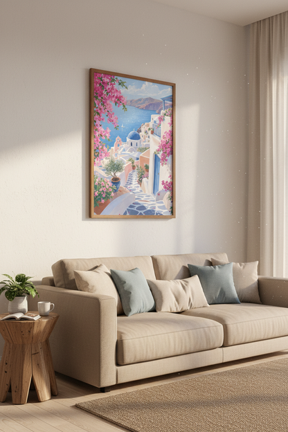 Santorini Greece Wall Art | Blue Dome Coastal Poster, Travel Decor