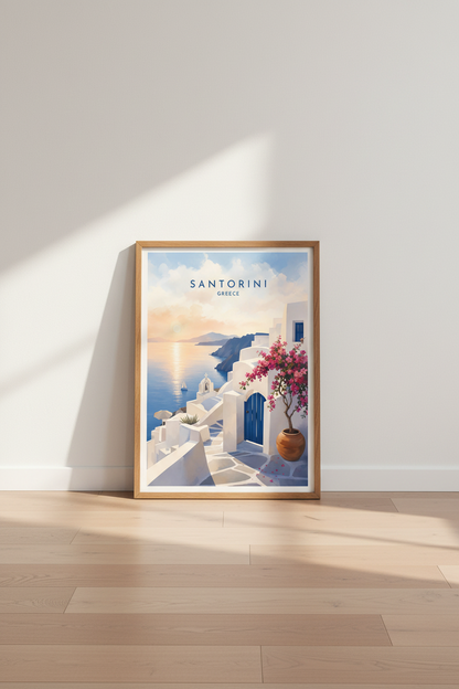 Santorini Greece Travel Poster | Sunset Coastal Wall Art | Blue and White Home Decor