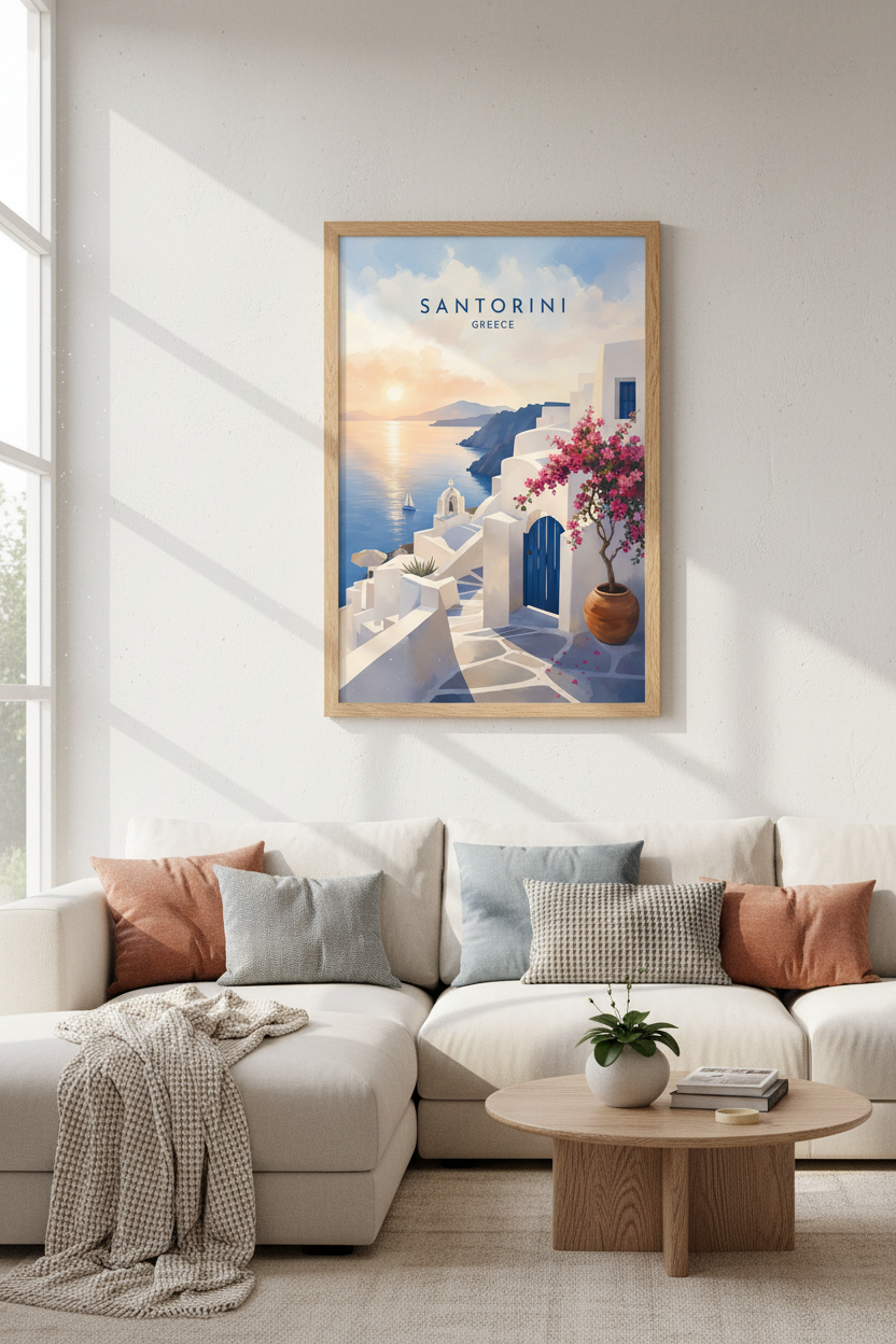 Santorini Greece Travel Poster | Sunset Coastal Wall Art | Blue and White Home Decor