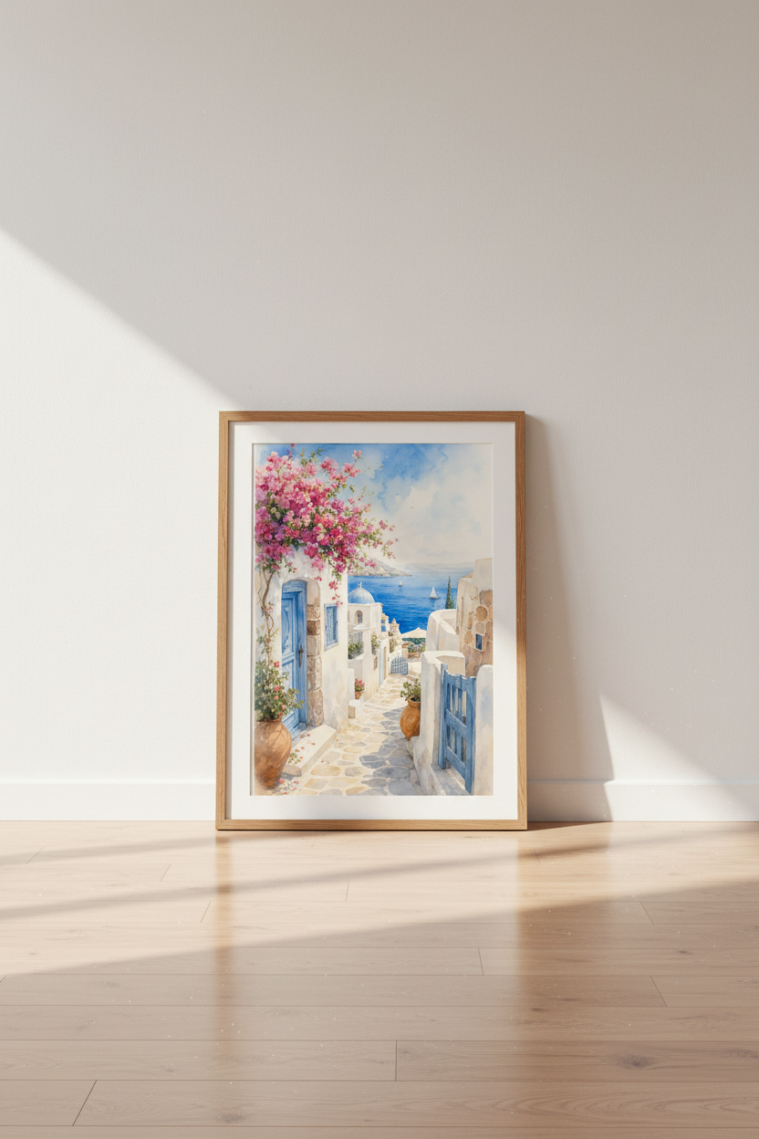 Santorini Greece Watercolor Wall Art | Blue Dome Coastal Decor | Mediterranean Poster