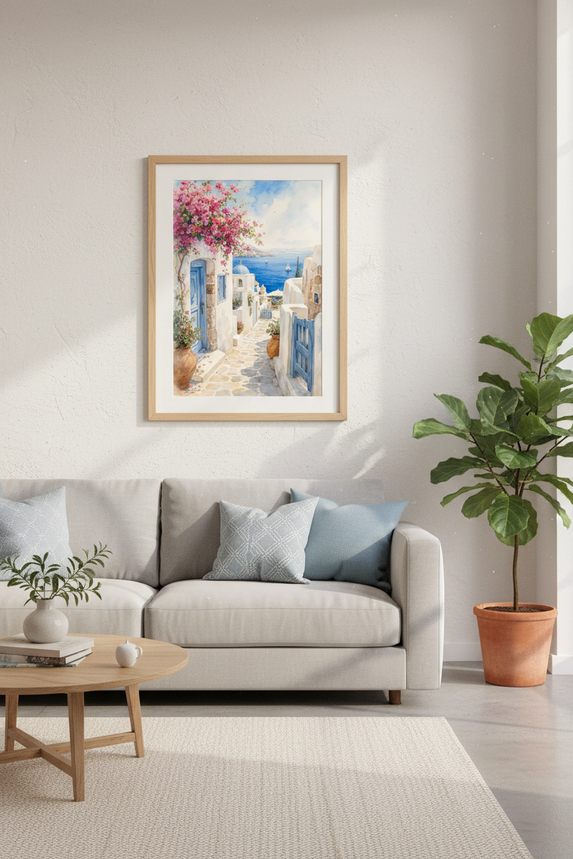 Santorini Greece Watercolor Wall Art | Blue Dome Coastal Decor | Mediterranean Poster