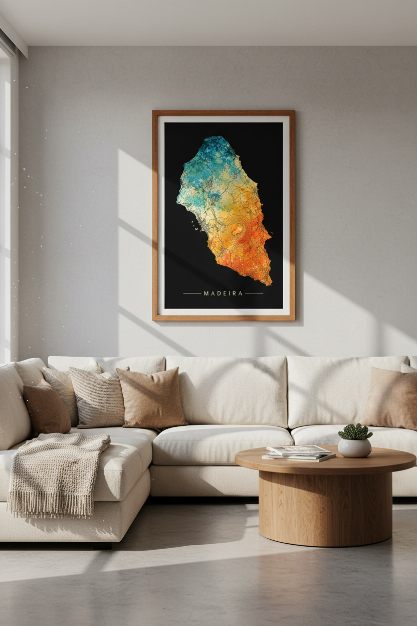 Madeira Portugal Map Art | Watercolor Teal Orange Poster, Modern Travel Decor