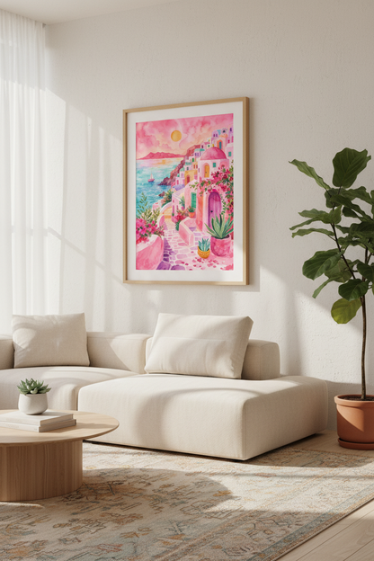 Pink Greece Wall Art Print | Santorini Landscape Poster | Pastel Mediterranean Decor