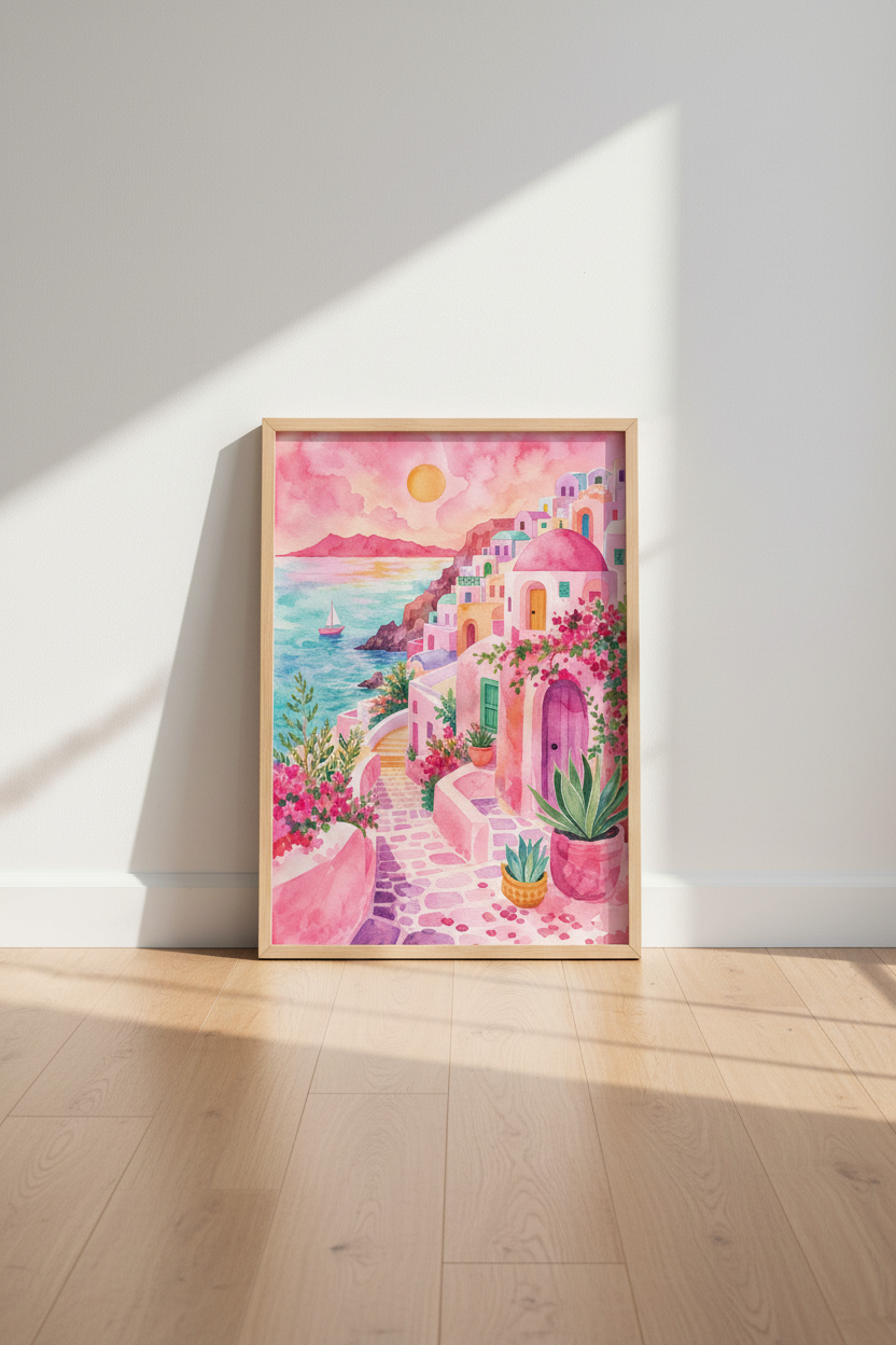 Pink Greece Wall Art Print | Santorini Landscape Poster | Pastel Mediterranean Decor