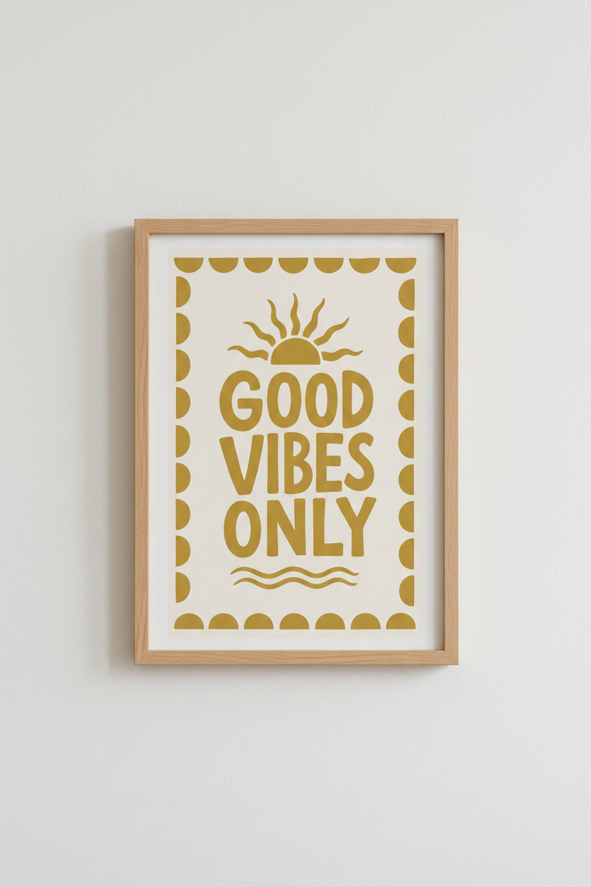 Good Vibes Only Boho Sun Wall Art | Mustard Yellow Retro Poster | Aesthetic Room Decor