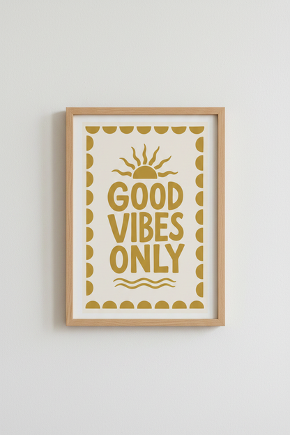 Good Vibes Only Boho Sun Wall Art | Mustard Yellow Retro Poster | Aesthetic Room Decor