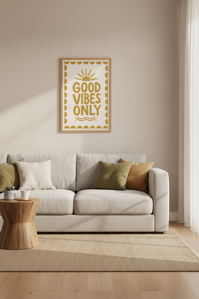 Good Vibes Only Boho Sun Wall Art | Mustard Yellow Retro Poster | Aesthetic Room Decor