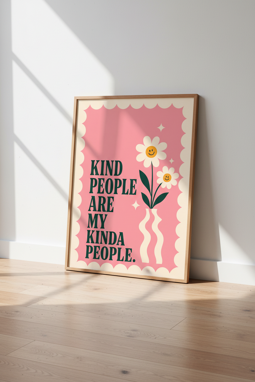 Kind People Wall Art | Retro Pink Daisy Flower Poster, Trendy Dorm &amp; Bedroom Decor
