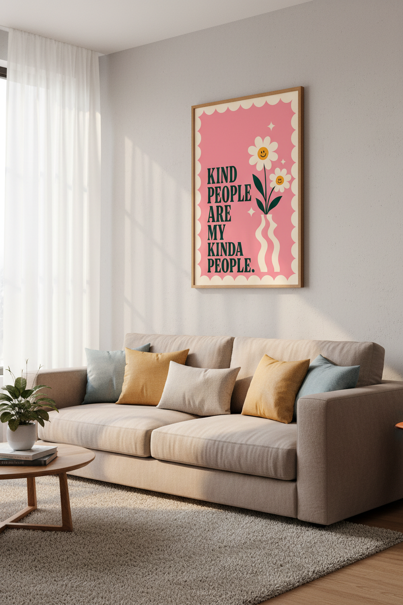 Kind People Wall Art | Retro Pink Daisy Flower Poster, Trendy Dorm &amp; Bedroom Decor