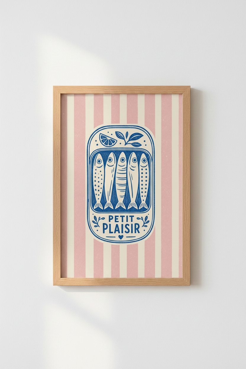 Sardine Tin Wall Art Print | Pink Stripe Kitchen Decor | Retro Mediterranean Fish Poster