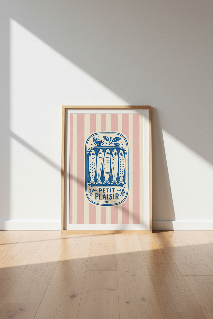 Sardine Tin Wall Art Print | Pink Stripe Kitchen Decor | Retro Mediterranean Fish Poster