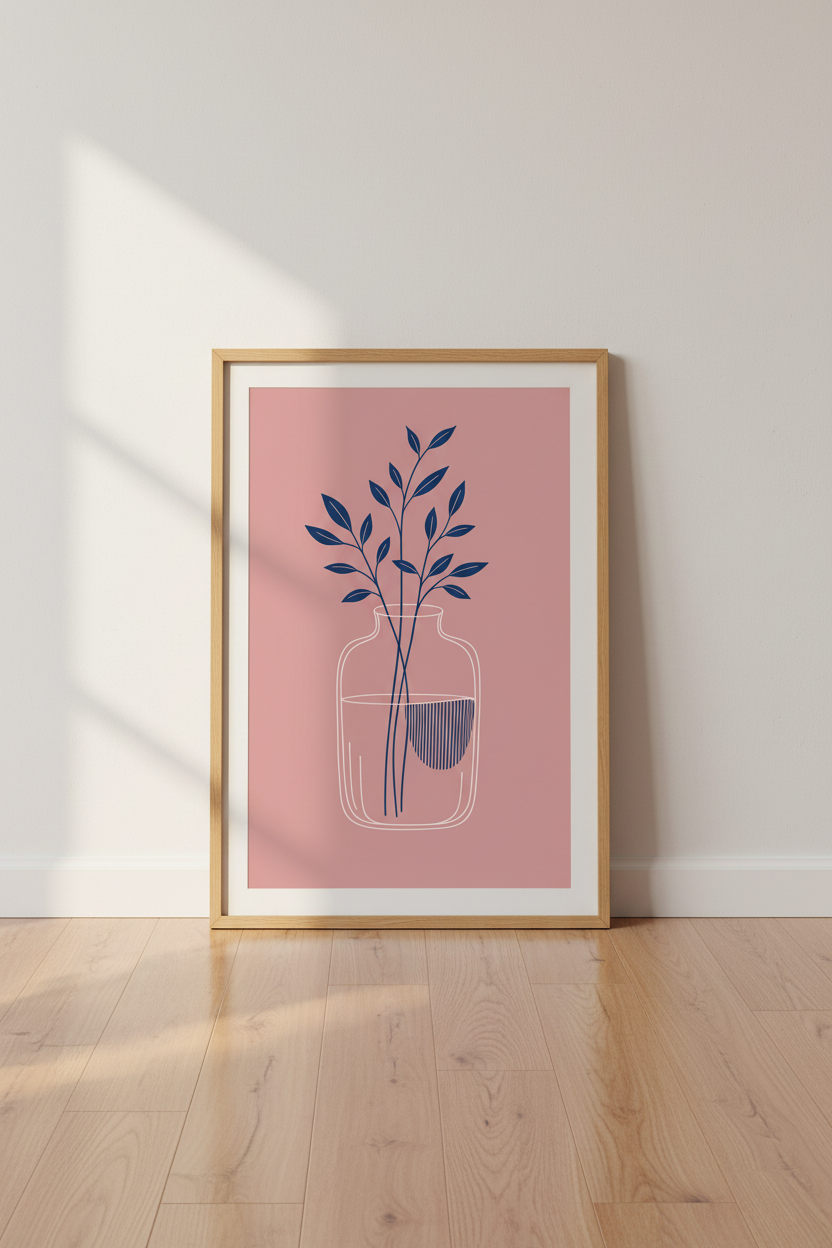 Minimalist Botanical Leaf Art Print | Navy Blue &amp; Pink Decor | Modern Line Art Poster