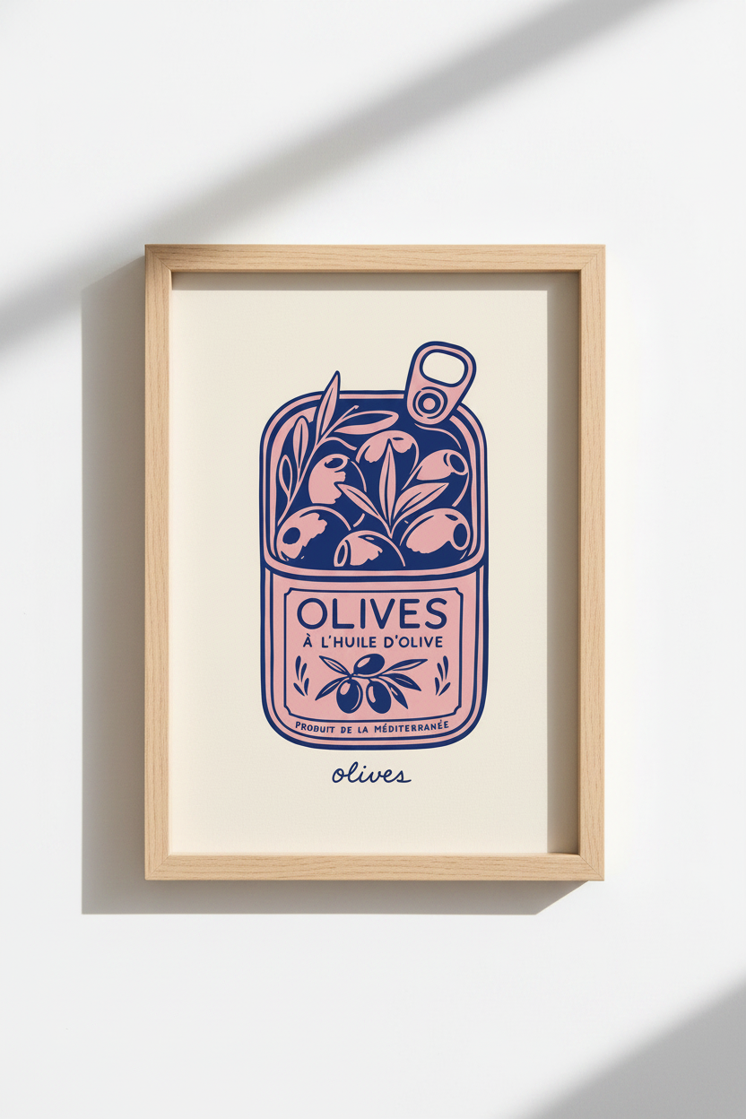Pink Sardine Style Olive Art Print | Mediterranean Kitchen Decor | Retro Food Poster