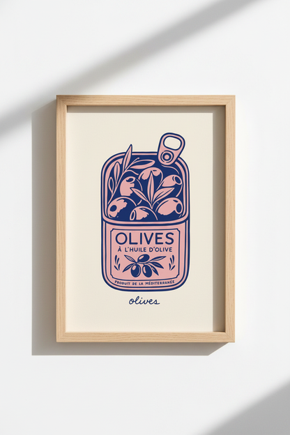 Pink Sardine Style Olive Art Print | Mediterranean Kitchen Decor | Retro Food Poster