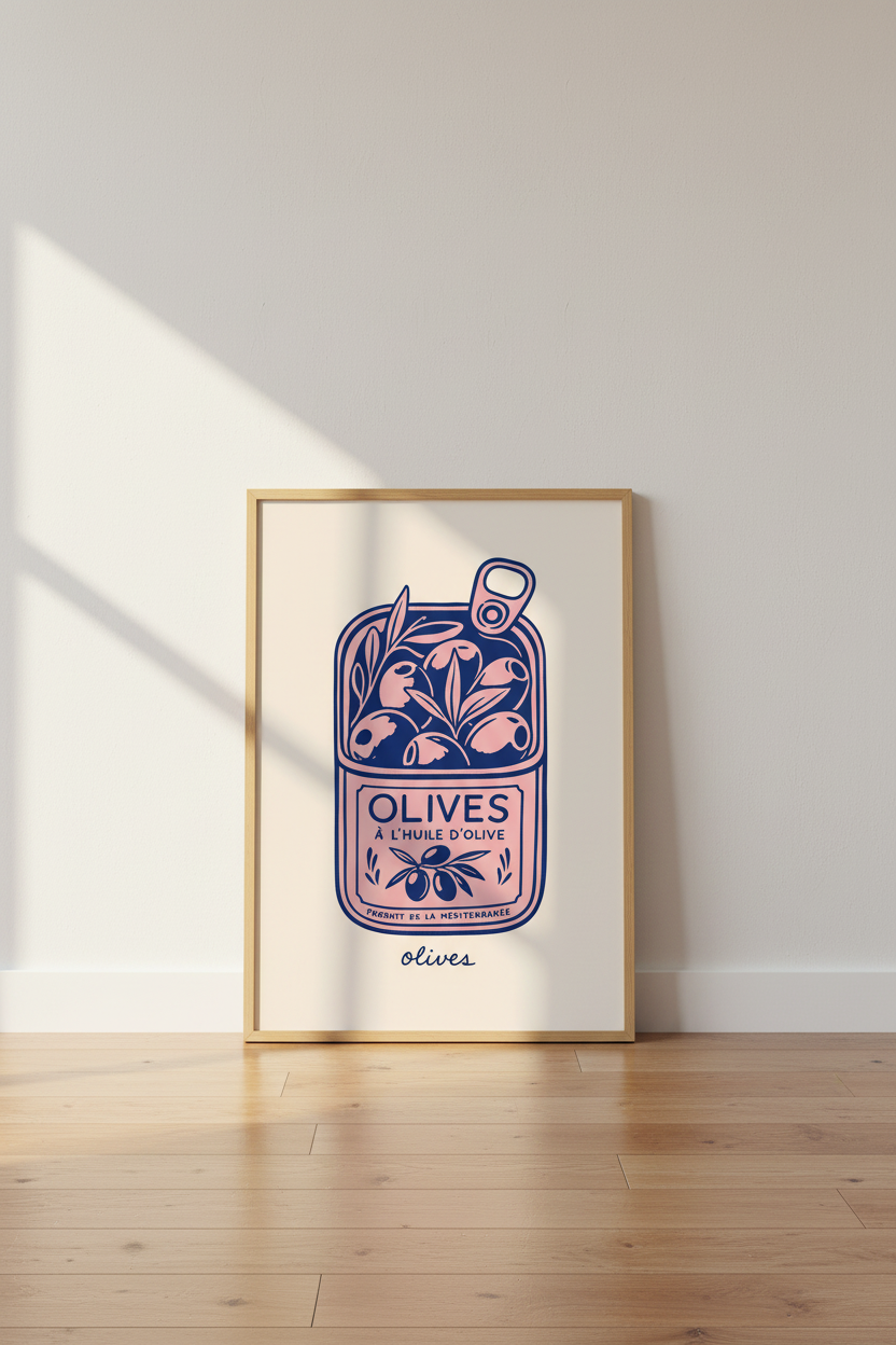 Pink Sardine Style Olive Art Print | Mediterranean Kitchen Decor | Retro Food Poster