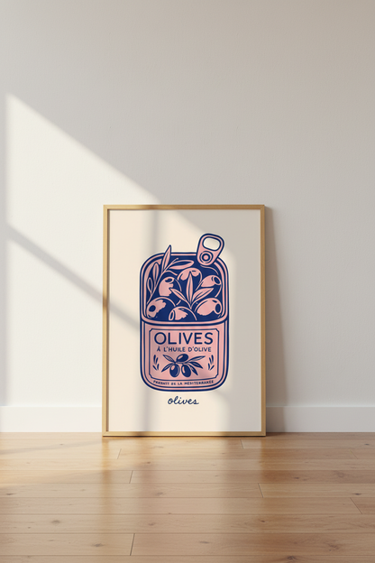 Pink Sardine Style Olive Art Print | Mediterranean Kitchen Decor | Retro Food Poster