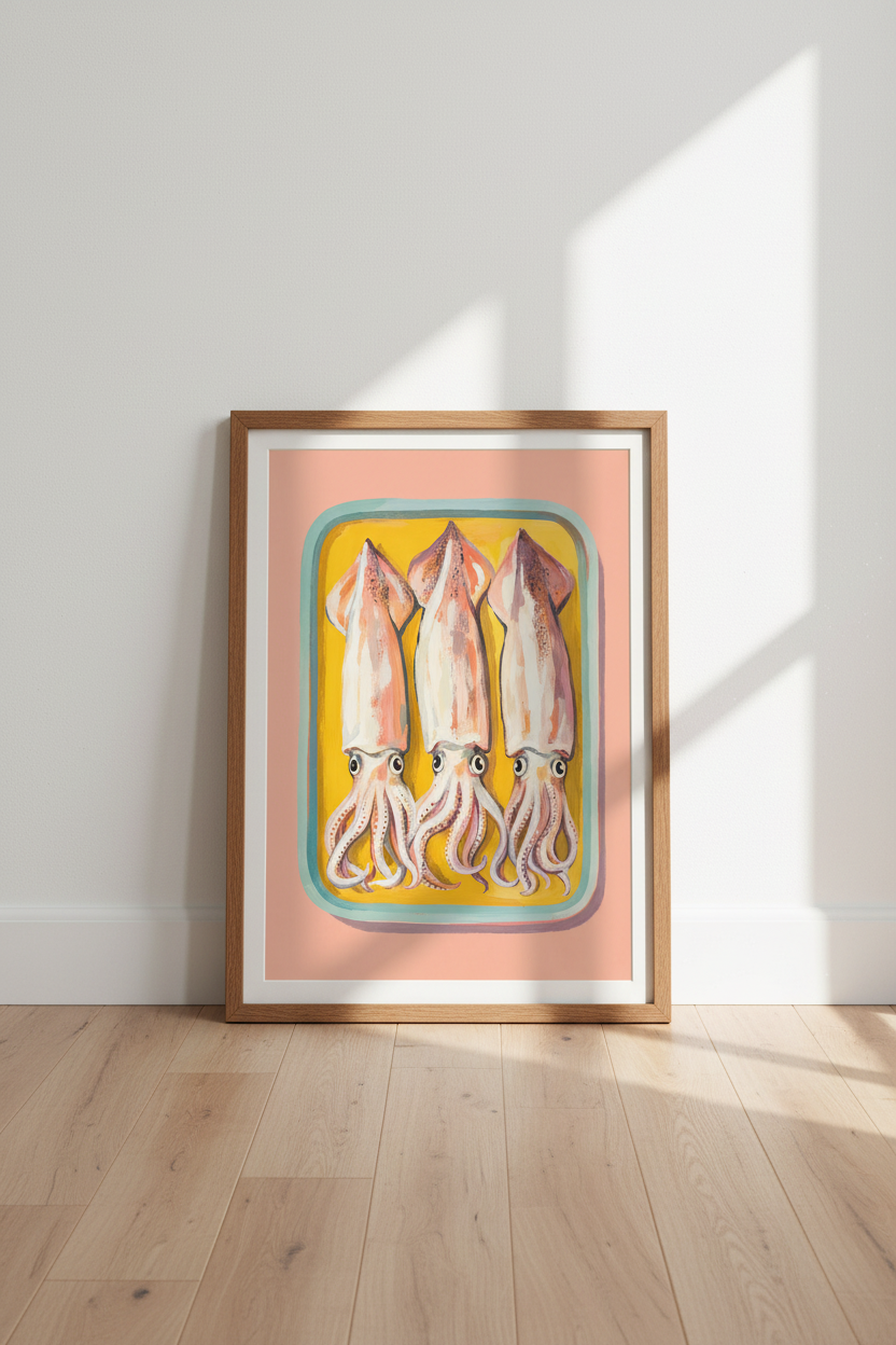 Squid Tinned Fish Wall Art Print | Pink Kitchen Decor | Maximalist Foodie Poster