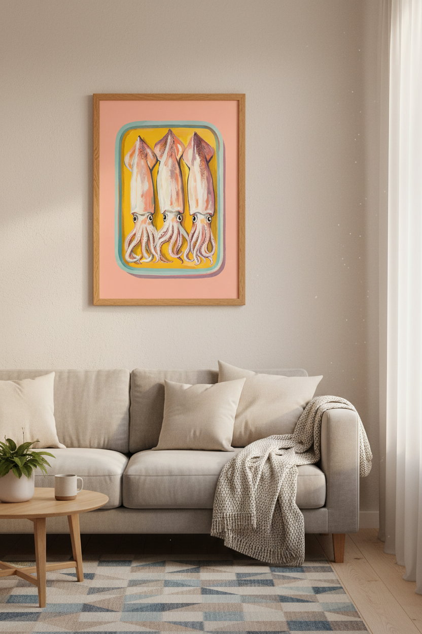 Squid Tinned Fish Wall Art Print | Pink Kitchen Decor | Maximalist Foodie Poster