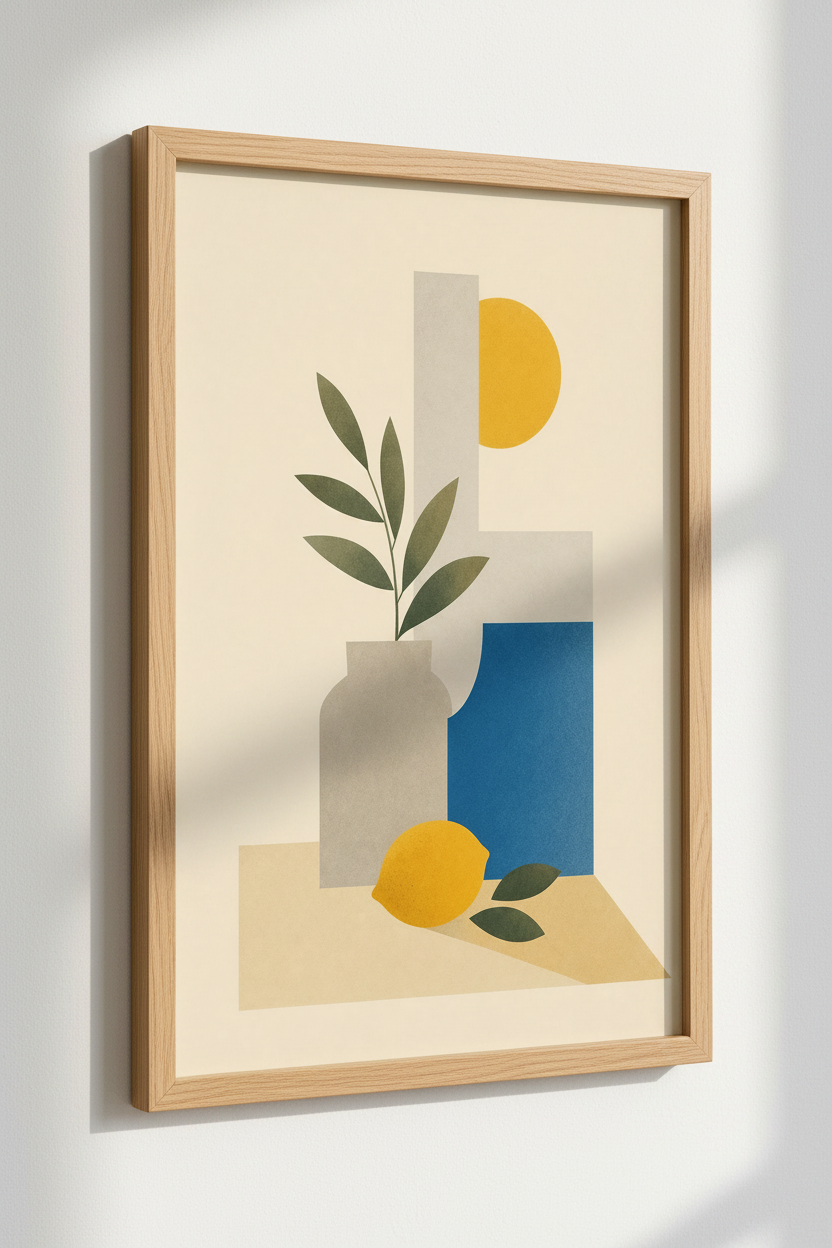 Abstract Lemon Still Life Wall Art | Blue &amp; Yellow Boho Print, Kitchen Decor