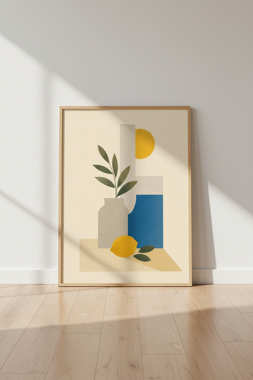 Abstract Lemon Still Life Wall Art | Blue &amp; Yellow Boho Print, Kitchen Decor
