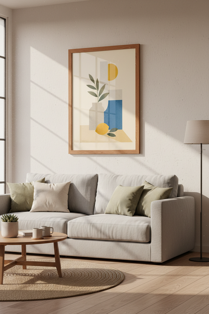 Abstract Lemon Still Life Wall Art | Blue &amp; Yellow Boho Print, Kitchen Decor